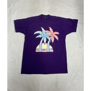 Vintage 90s Beach Palm Trees Single Stitch Puffy Graphic T-Shirt Purple Size XL